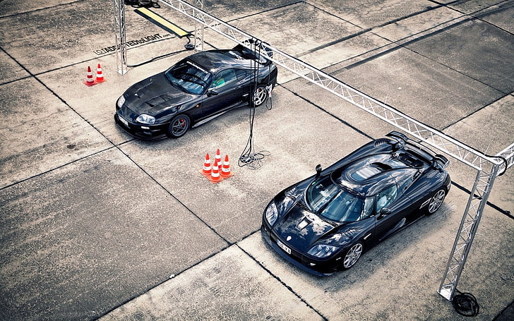 two black coupes, Koenigsegg, car, Supra, Toyota Supra, Hypercar, HD wallpaper