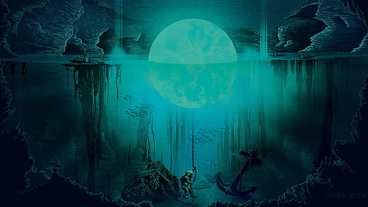 derek rudy divers moon digital art blue sea underwater artwork, HD wallpaper