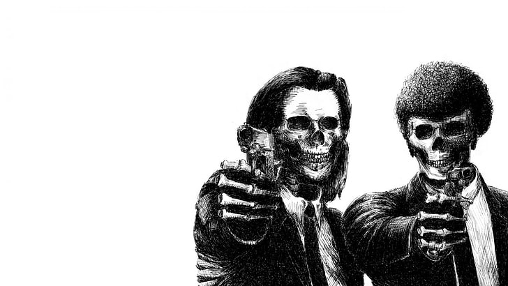Pulp Fiction, movies, simple background, skull, drawing, white background