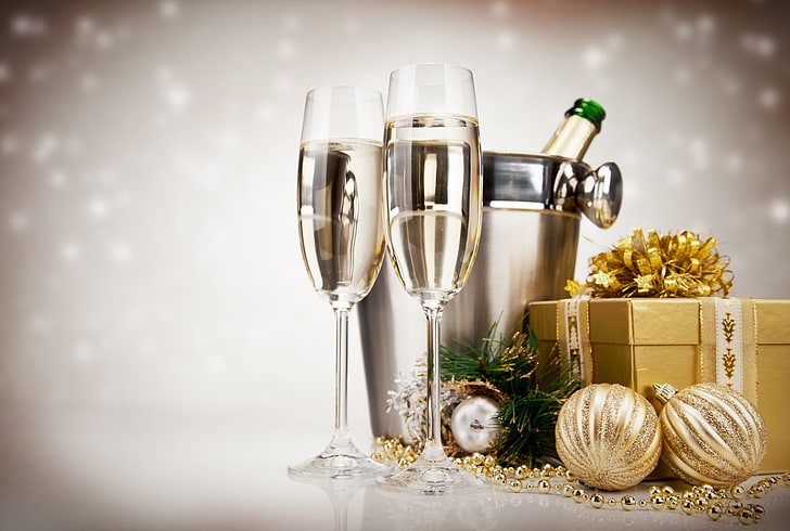clear champagne glasses, balls, holiday, gift, toys, New Year, HD wallpaper