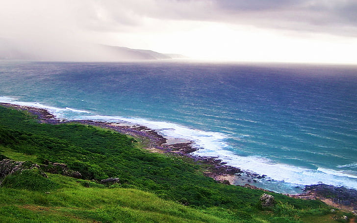 blue, coast, grassland, ocean, sea, seascapes, taiwan, HD wallpaper