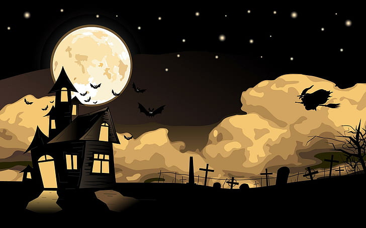 house, witch, flying, halloween, sky, moon, castle, HD wallpaper
