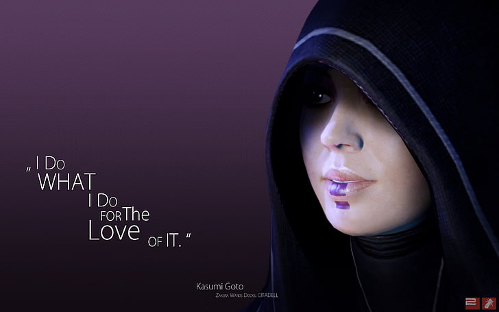 Kasumi Goto with text overlay, mass effect, hood, face, female, HD wallpaper