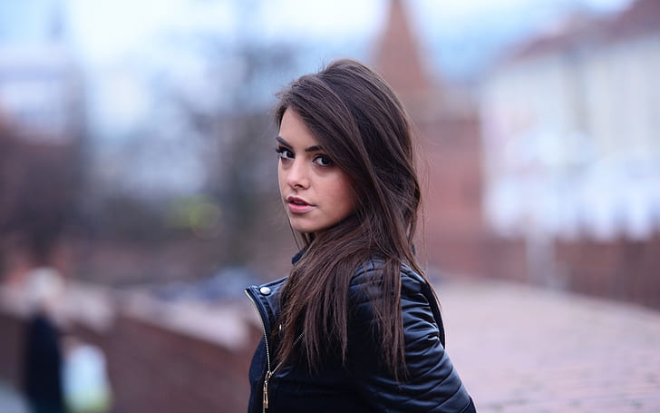 model, Anita Sikorska, women, brunette, long hair, leather jackets, HD wallpaper