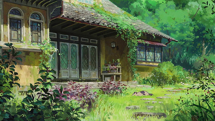 brown and yellow house beside tall trees and plants painting