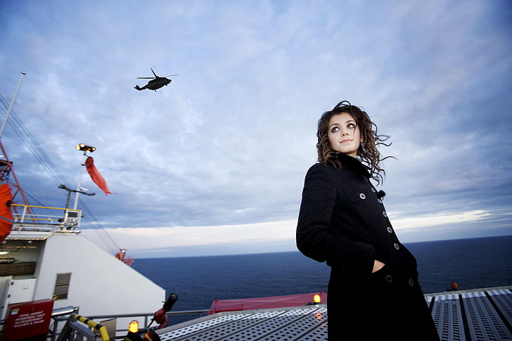 Katie Melua, singer, women, black coat, brunette, looking away
