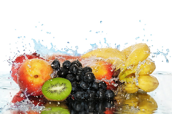 variety of fruits, water, berries, food, splash, kiwi, grapes, HD wallpaper
