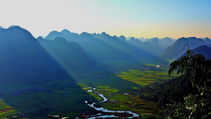 Landscape, Nature, Sunrise, Mountain, Mist, Valley, River, Field, Sun Rays, Vietnam, Clear Sky, Morning, Farm, HD wallpaper