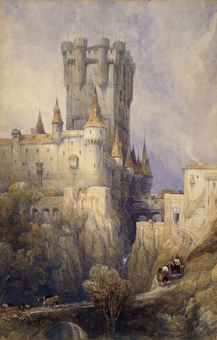 artwork, painting, medieval, castle, architecture, watercolor