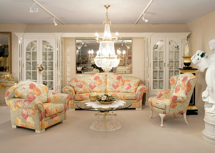 gray-and-pink floral fabric 3-piece sofa set, design, table, furniture