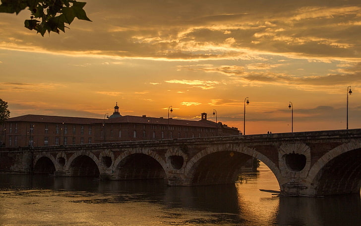 Toulouse, Pont-Neuf, Garonne, France, sunset, sky, architecture