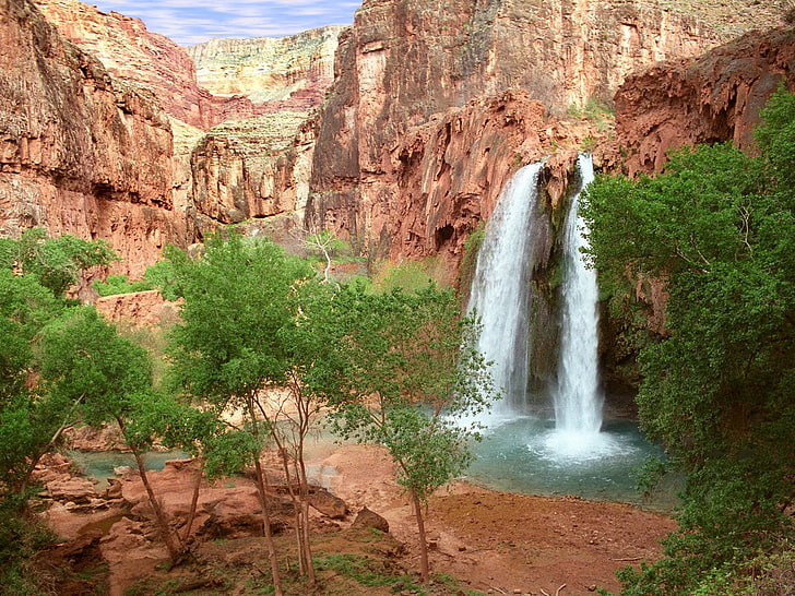 waterfalls, havasu falls, arizona, canyon, trees, greens, nature, HD wallpaper