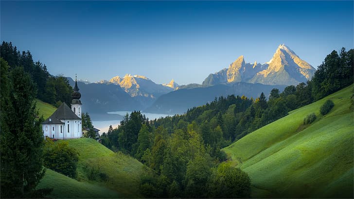 forest, mountains, lake, Germany, slope, Bayern, Church, Bavaria, HD wallpaper
