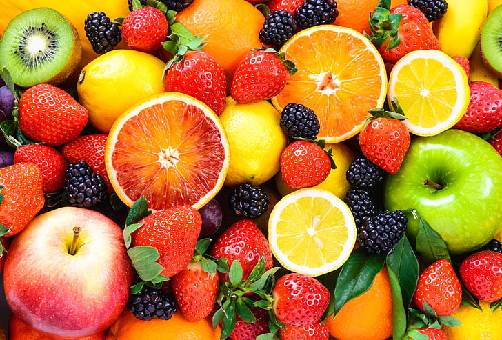 5k, lemon, fruit, orange, apple, blackberry, strawberry, HD wallpaper