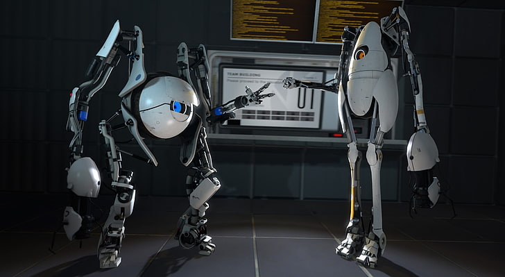 Portal 2 Coop, two white robots, Games, video game, indoors, no people, HD wallpaper