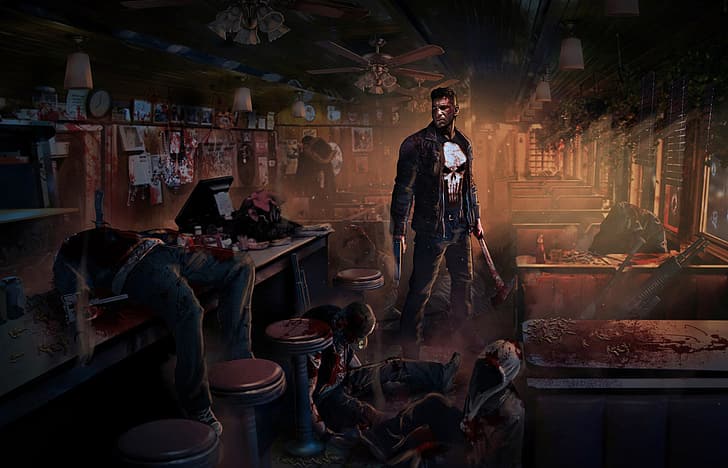 weapons, blood, skull, art, cafe, axe, corpses, sleeve, Punisher, HD wallpaper