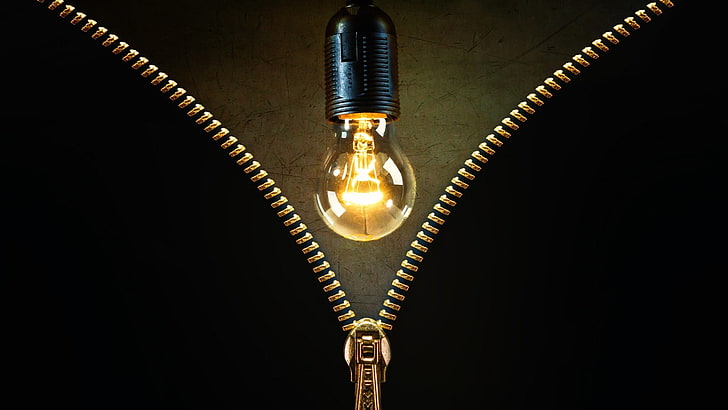black bulb light, lightbulb, zippers, lights, gold, black background