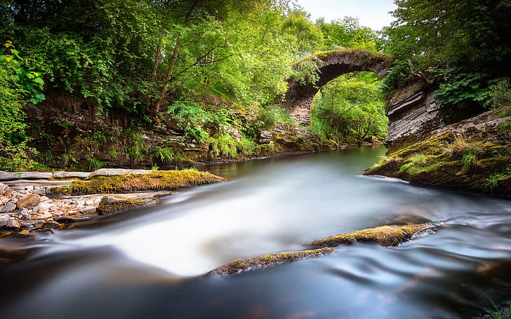 Scotland, Alba, Great Britain, park, valley, river, rocks, bridge, green, HD wallpaper