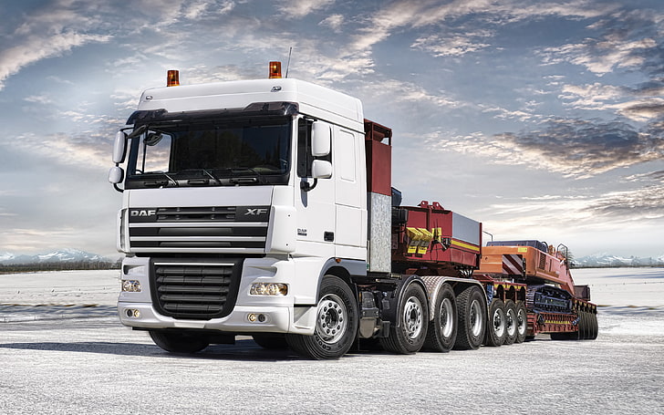 white tractor unit, daf, xf105, truck, car, side view, trailer, HD wallpaper