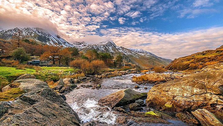 snow, creek, wilderness, stream, sunrise, snowdonia national park, HD wallpaper