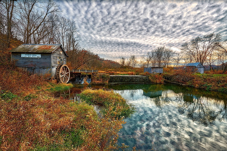 cirrus clouds, Wisconsin, fall, mill, pond, trees, landscape, HD wallpaper
