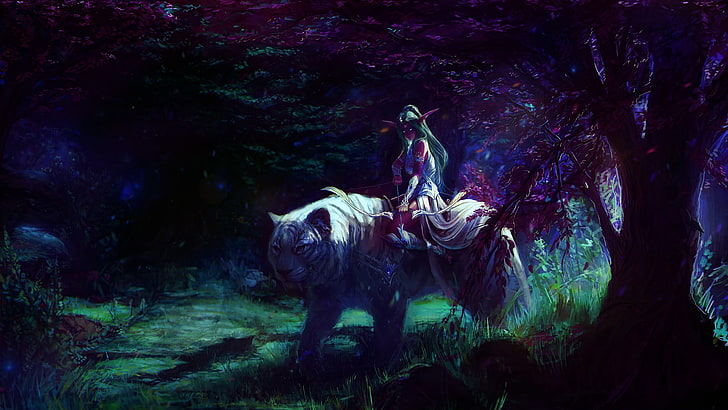 person sitting on tiger illustration, fantasy art, Tyrande, World of Warcraft