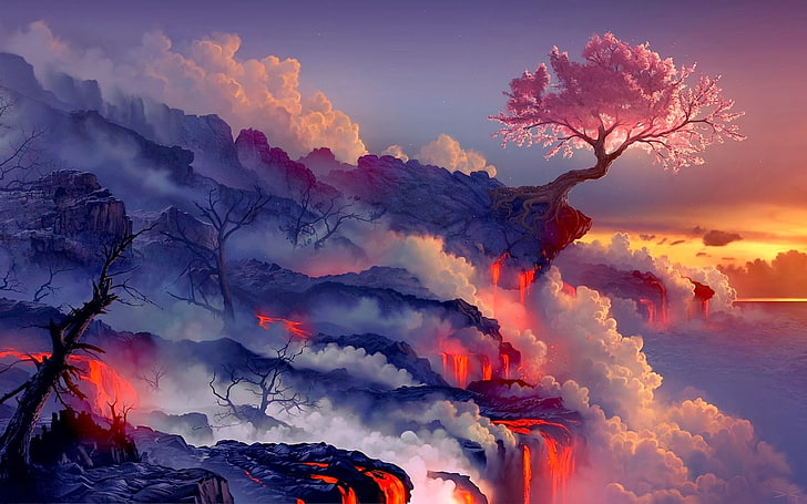 fantasy art, lava, landscape, cherry blossom, sunset