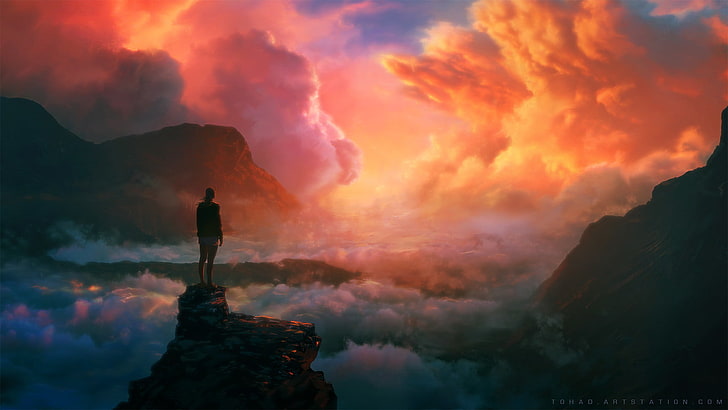 person standing on mountain cliff digital wallpaper, landscape, HD wallpaper