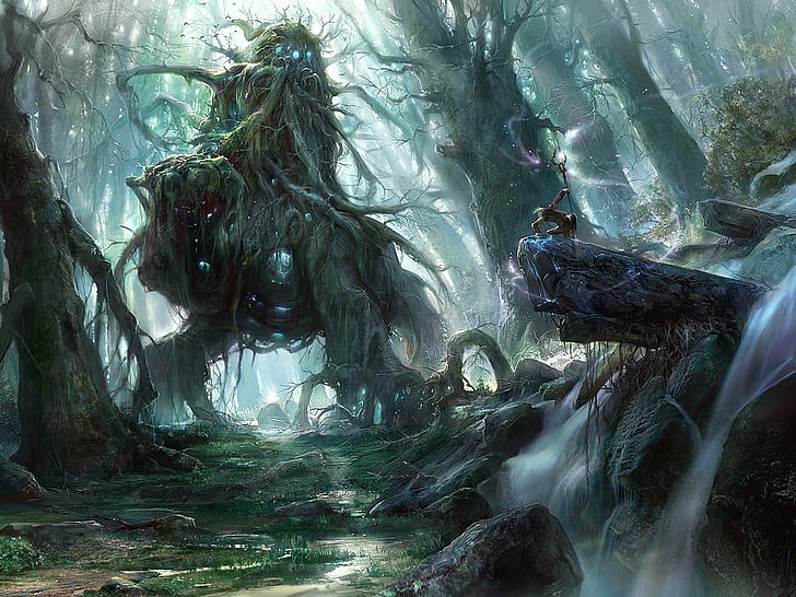 male character on tree and tree monster digital wallpaper, fantasy art, HD wallpaper