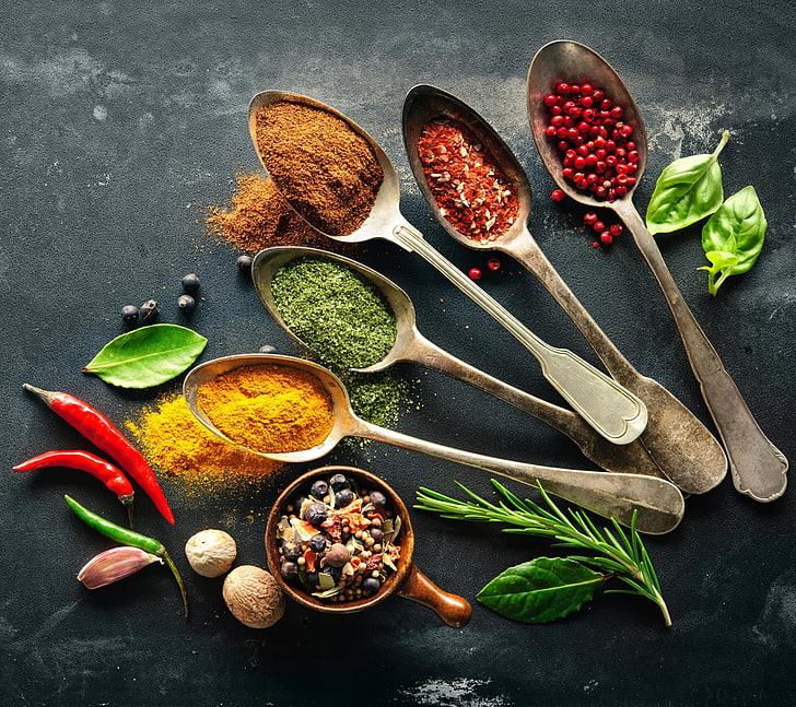 assorted spices and gray steel spoons, colorful, food, food and drink, HD wallpaper