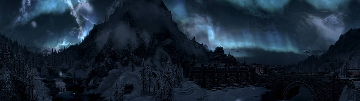 blue aurora phenomenon, The Elder Scrolls V: Skyrim, nature, dark, HD wallpaper