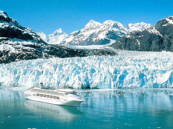 white cruise ship, glaciers, mountains, water, cold temperature