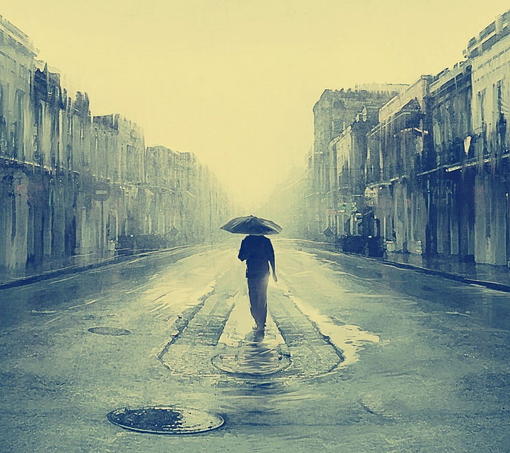 man holding umbrella painting, loneliness, rain, city, men, full length