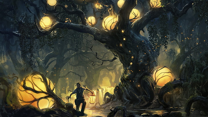 man standing beside tree with lighted light wallpaper, fantasy art, HD wallpaper