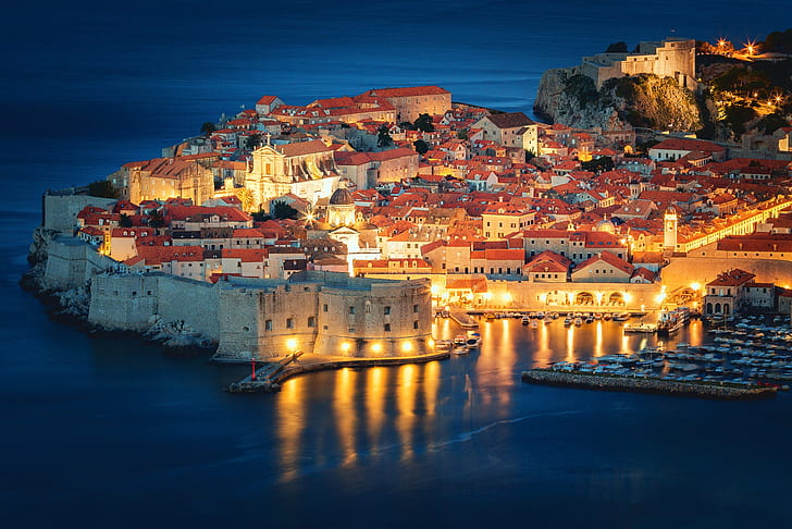 sea, building, home, fortress, night city, Croatia, Dubrovnik