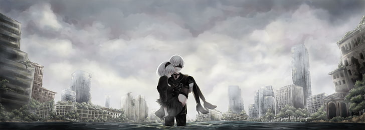 man and woman holding a child painting, 2B (Nier: Automata), blindfold, HD wallpaper
