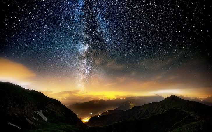 Milky Way Galaxy sky, photo of mountains during night time, nature, HD wallpaper