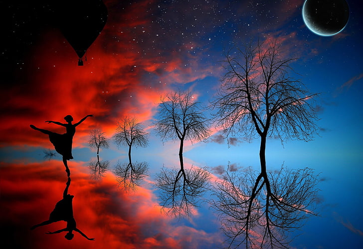 woman dancing near trees silhouette painting, girl, the moon