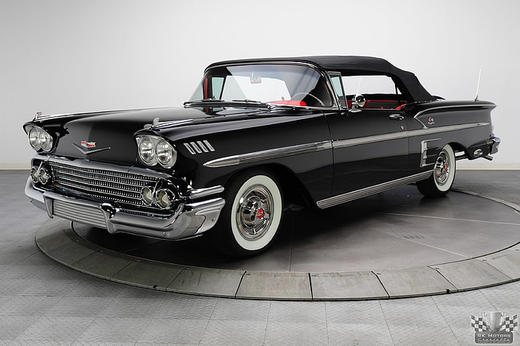 black Corvette car, 1958, 348, cars, chevrolet, classic, convertible, HD wallpaper