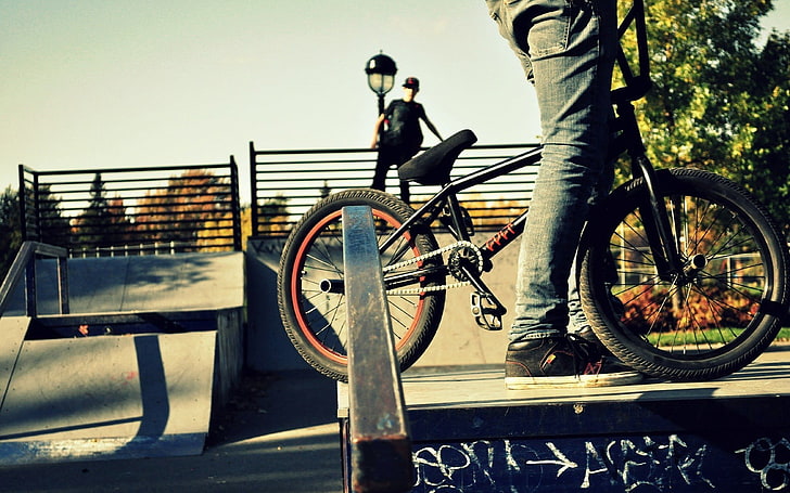 black BMX bike, jeans, park, bicycle, transportation, lifestyles