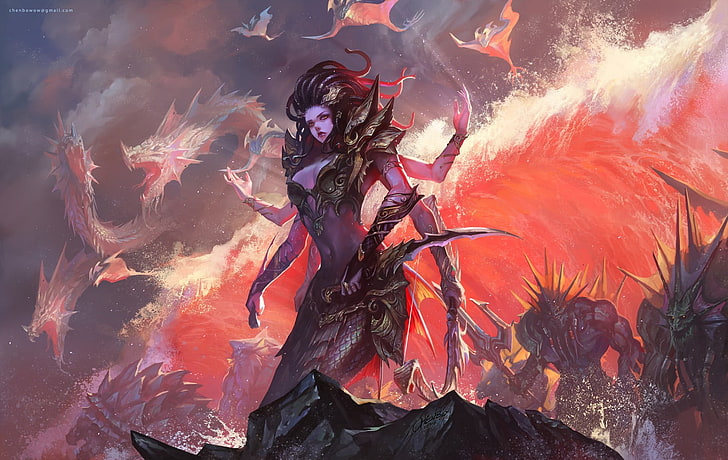 black haired woman cartoon illustration, Warcraft, Naga, water, HD wallpaper