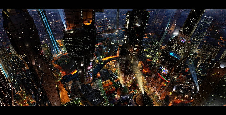 aerial photography of high-rise buildings, cityscape, cyberpunk