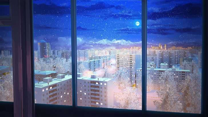 cityscape covered with snow digital wallpaper, night, Everlasting Summer