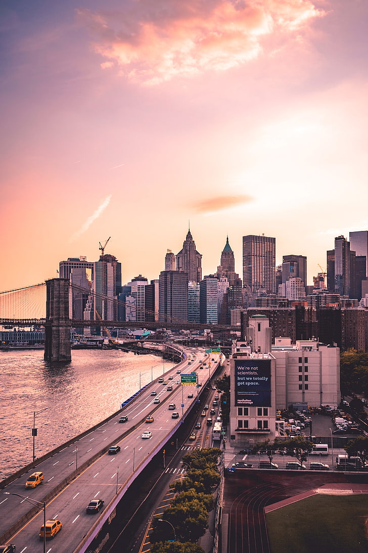 Brooklyn, New York, skyscrapers, bridge, road, manhattan bridge, HD wallpaper