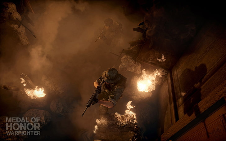 medal of honor warfighter, burning, night, smoke - physical structure, HD wallpaper