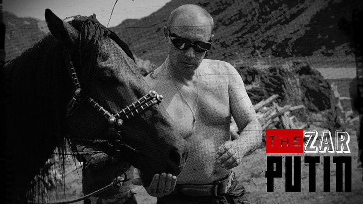 Vladimir Putin, Russia, monochrome, horse farm, shirtless, sunglasses