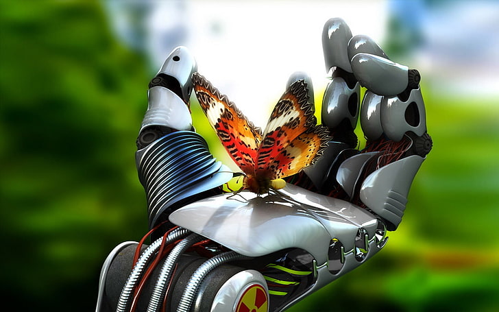 butterfly perched on robot hand, digital art, fantasy art, hands