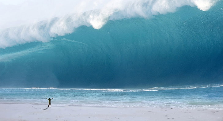 Man vs. Tsunami, tidal wave, Funny, sea, water, land, beauty in nature