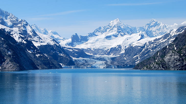 mountains, landscape, lake, snow, glacier