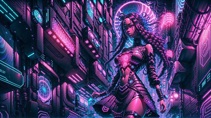 cyber, cyberpunk, futuristic, science fiction, crimson, illustration, HD wallpaper
